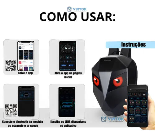 Mochila com bluetooth olhos Led Motoqueiro inteligente Smart Bag